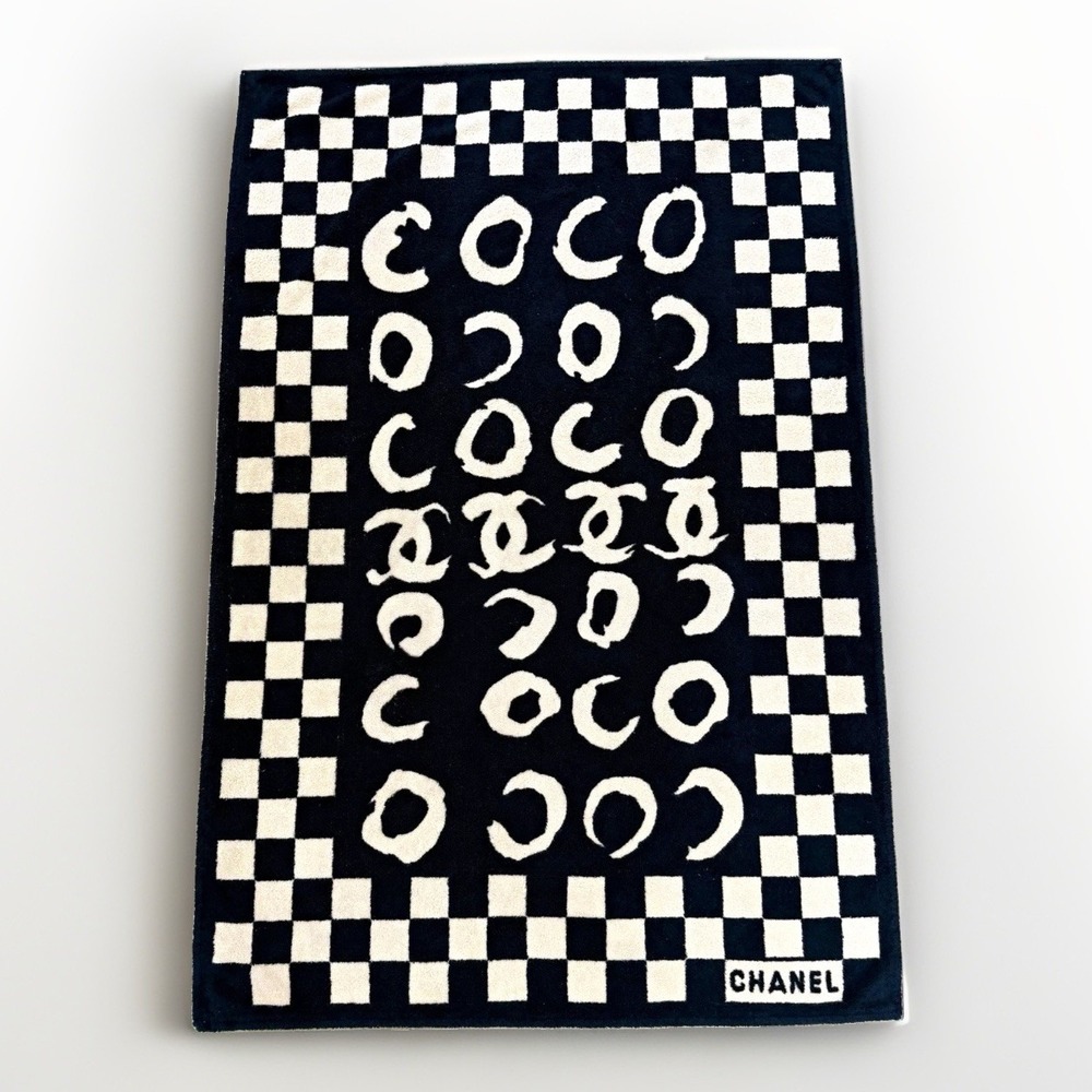 CHANEL Vintage 90's Blue Black White Check CC Logo Beach Towel Made in France